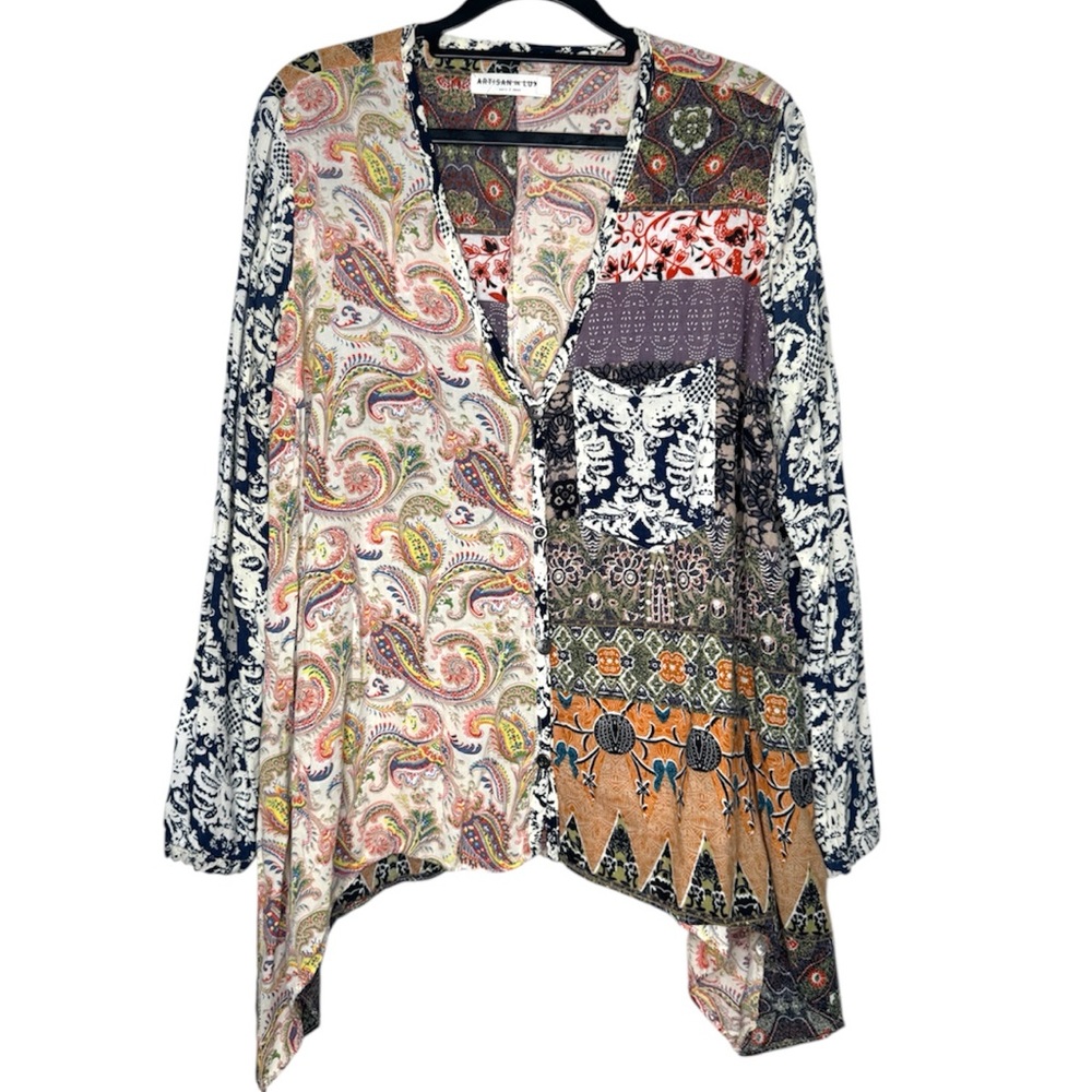 Artisan De Luxe womens XS button down mix media paisley top boho artsy costal